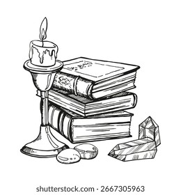monochrome Vektorhexerei, magische Ausrüstung, antike Bücher, Folios, magische Kristalle, Kerze im Kerzenständer, Schwarz-Weiß-Illustration mystischen Themas, handgezeichnete Skizze für Märchenzeichnung