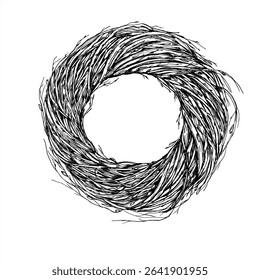 Monochrome vector wreath of dried birch branches in Scandinavian style. Natural rustic element for Nordic Christmas decor, holiday packaging, and rustic winter wedding invitation