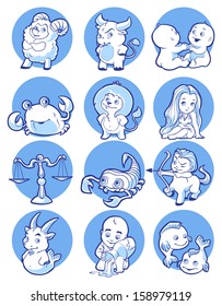 Monochrome vector zodiac in blue tones.  Vector illustration on white background.