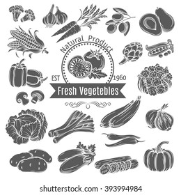 Monochrome vegetables icons.  Set of decorative vector various vegetables.