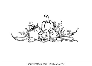 Monochrome vegetables for traditional Mexican dishes vector illustration painted by black inks. Tomatoes, pepper, garlic, arugula leaves, jalapeno slices, chili peppers realistic graphic line sketch.