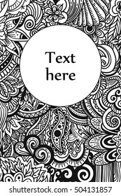 monochrome vertical banner painted in patterns floral, zen tangle and Doodle.