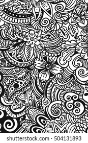 monochrome vertical banner painted in patterns floral, zen tangle and Doodle.