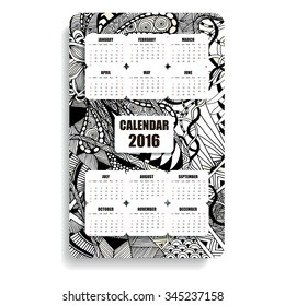 monochrome vertical calendar 2016 hand painted in the style of floral zentangle and Doodle