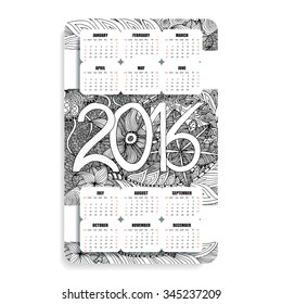 monochrome vertical calendar 2016 hand painted in the style of floral zentangle and Doodle