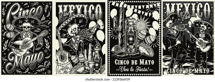 Monochrome vertical vintage posters set with mariachi skeletons playing musical instruments, Mexican food and drink, vector illustration