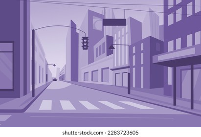 Monochrome vibrant urban landscape, empty street in megapolis. Surrealistic city, road and buildings. Vector contemporary town illustration