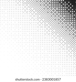 Monochrome vignette corner with a halftone raster gradient pattern of small black dots on a white background. Vector screentone retro illustration for comic and manga books
