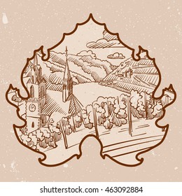 Monochrome Vineyard Landscape in Leaf, Hand drawn Vector Artwork