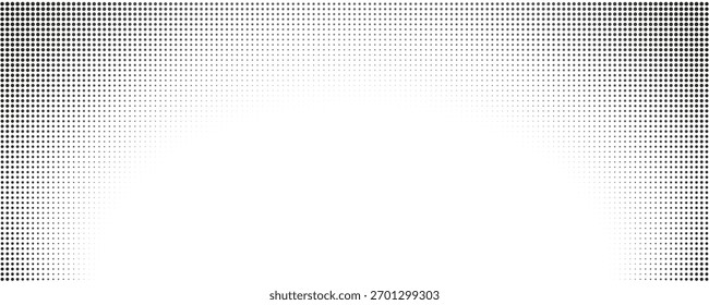 Monochrome vingette gradient background. Halftone dots effect. Overlay template with spotted texture and abstract dotwork.Vector illustration. 