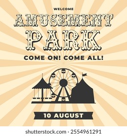 Monochrome vintage amusement park invitation poster. Silhouette of ferris wheel, circus tent, carousel in flat style. Retro vector illustration. Concept for advertising banner, card, flyer, post