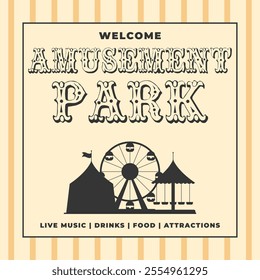 Monochrome vintage amusement park invitation banner. Silhouette of ferris wheel,circus tent,carousel in flat style. Retro vector illustration. Template for advertising poster,card, flyer,post and more