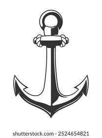 Monochrome vintage anchor isolated on white background. Retro anchor with rope. Vector illustration
