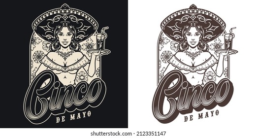 Monochrome vintage badge with pretty Mexican waitress in sombrero holding tray with glass, Cinco de Mayo inscription, vector illustration