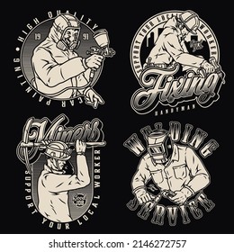 Monochrome Vintage Badges Collection With Detailing Worker In Hazmat Suit And Respirator Using Spray Gun, Repairman With Screwdriver Against Cityscape, Coal Miner Holding Pickaxe, Welder In Metal Mask