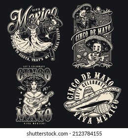 Monochrome vintage badges set with Mexican musician playing trumpet, dancing woman, chili pepper with guitar, woman in sombrero holding strings instrument, vector illustration