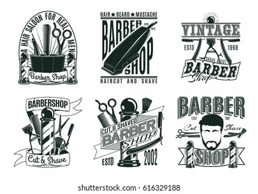 Monochrome vintage barber shop logos set with  inscriptions haircut equipment tools and accessories isolated vector illustration