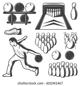 Monochrome vintage bowling elements collection with player balls skittles sneaker and lane isolated vector illustration