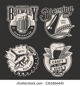 Monochrome vintage brewery badges with male hand holding bottle opener barley ears bear mug bottle and glass isolated vector illustration