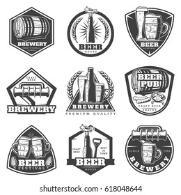 Monochrome vintage brewery labels set with beer glasses mugs bottle tap wooden barrel and snacks isolated vector illustration