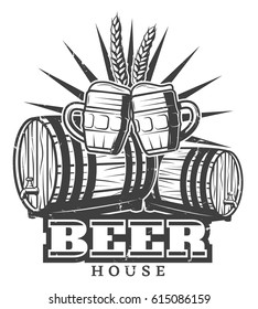 Monochrome vintage brewery template with clinking mugs of beer wooden barrels and ears of wheat vector illustration