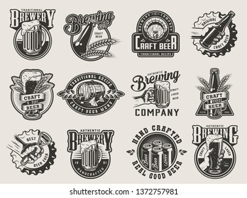 Monochrome vintage brewing badges with beer mug glass bottle cans wheat ears wooden casks bottle caps and opener isolated vector illustration