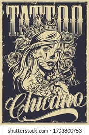 Monochrome vintage chicano tattoo poster with rose flowers pretty girl in royal crown and male hand holding tattoo machines vector illustration