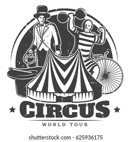 Monochrome vintage circus template with inscription trainer strongman unicycle marquee magic wand and hat vector illustration