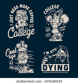 Monochrome vintage college prints with yawning coffee cup brush cheerleader modern bottle in paper bag skeleton in mantle and graduation cap isolated vector illustration
