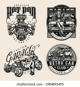 Monochrome vintage custom cars emblems set with letterings classic retro automobile american muscle and hot rod cars and engine beautiful mechanic women with spanners isolated vector illustration