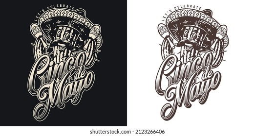 Monochrome vintage emblem with funny prickly cactus with mustache wearing sombrero shaking maracas, Cinco de Mayo inscription, vector illustration