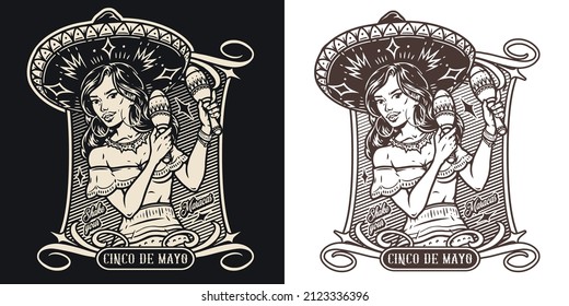 Monochrome vintage emblem with Mexican girl in sombrero, hoops and necklace shaking maracas against shaded background, vector illustration