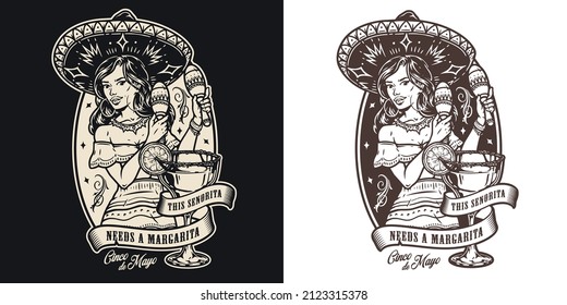 Monochrome vintage emblem with Mexican woman in sombrero and necklace dancing with maracas, margarita glass with lime slice and ribbon with inscription, vector illustration