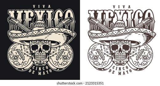 Monochrome vintage emblem with painted sugar skull in sombrero against crossed guitars, vector illustration