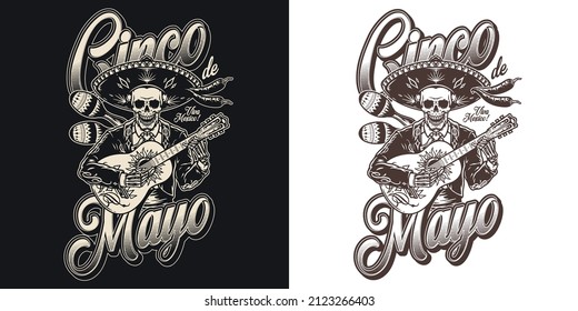 Monochrome vintage emblem with pair of maracas, chili peppers, Mexican skeleton musician in sombrero and charro jacket playing guitar, vector illustration