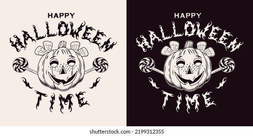 Monochrome vintage emblem with text Halloween Time, candy, pumpkin head like mischievous little girl face with freckles. Illustration on a dark, white background