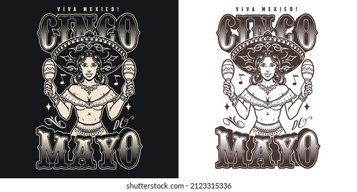 Monochrome vintage emblem with young Mexican woman in sombrero hat and necklace holding maracas against musical symbols, vector illustration