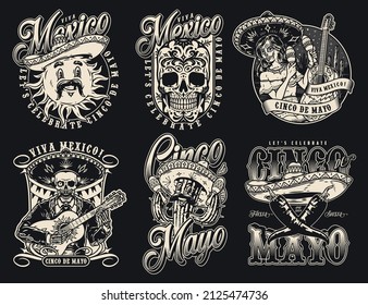 Monochrome vintage emblems set with Cinco de Mayo performers playing musical instruments, crossed chili peppers under sombrero, mustached sun, sugar skull, vector illustration