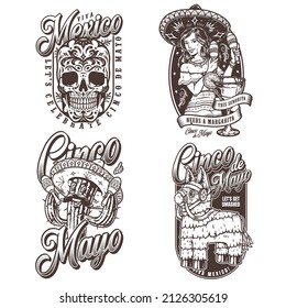 Monochrome vintage emblems set with painted calavera, woman in sombrero shaking maracas, prickly cactus with mustache holding maracas, pinata horse, vector illustration