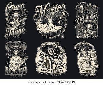 Emblemas monocromos vintage con esqueleto y mujer tocando guitarra, músico mariachi con trompeta, mujer muerta bailarina, cactus sacudiendo maracas, ilustración vectorial