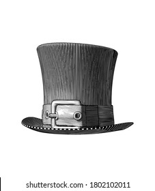 Monochrome Vintage Engraved Dark Line Art Drawing Top Hat With A Belt Woodcut Style Vector Illustration Isolated On White Background