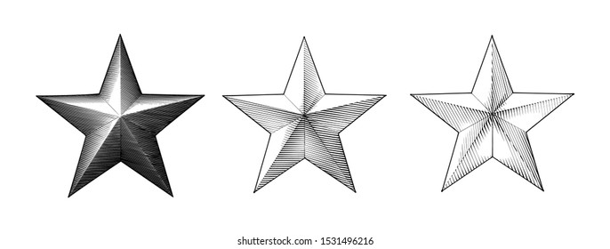 Monochrome vintage Engraved drawing Christmas star three style vector illustration isolated on white background