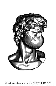 Monochrome Vintage Engraved Drawing David Of Michelangelo Sculpture With N95 Face Surgical Mask Front Side View Vector Illustration Isolated On White Background