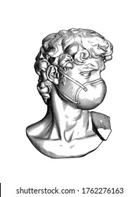 Monochrome vintage engraved drawing David of Michelangelo sculpture with N95 face mask vector illustration isolated on white background