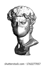 Monochrome vintage engraved drawing David of Michelangelo sculpture with N95 face mask in front view vector illustration isolated on white background