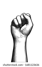 Monochrome vintage engraved drawing front of forearm and hand fist gesture vector illustration isolated on white background