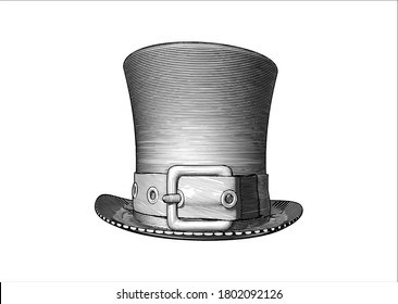 Monochrome vintage engraved drawing of a men's vintage top hat with a belt woodcut style vector illustration isolated on white background