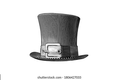 Monochrome vintage engraved drawing of a men's vintage top hat with a belt woodcut style vector illustration isolated on white background