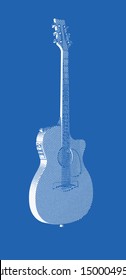 Monochrome vintage engraving drawing electric acoustic guitar illustration isolated on blue background