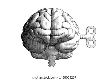 Monochrome vintage engraving drawing human brain with wind up key in front camera view  illustration isolated on white background